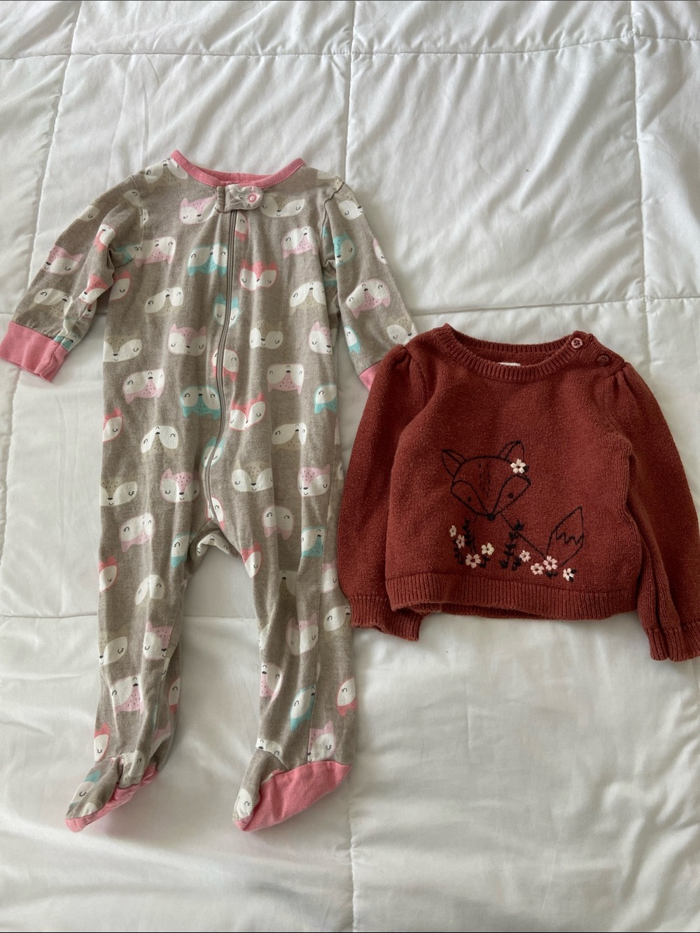 Baby girl fox themed clothes-foot or sleeper and sweater